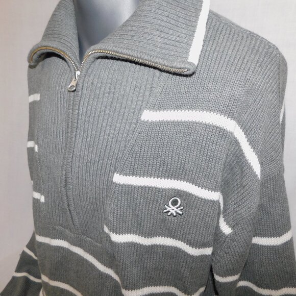United Colors of Benetton Womens XL Gray White Striped 1/2 Zip Sweater - Picture 7 of 13
